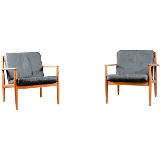 Image 1 of Pair of vintage teak and black leather armchairs by Grete Jalk for France et Søn