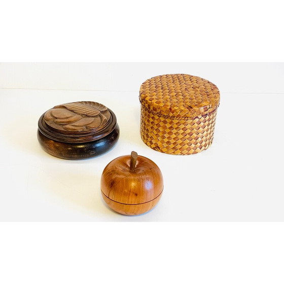Image 1 of Set di 3 scatole vintage in legno e paglia, 1930