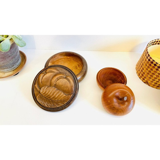 Image 1 of Set di 3 scatole vintage in legno e paglia, 1930