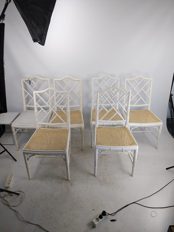 Image 1 of 6 X Faux Bamboo Webbing Chairs In Style By Jonathan Adler