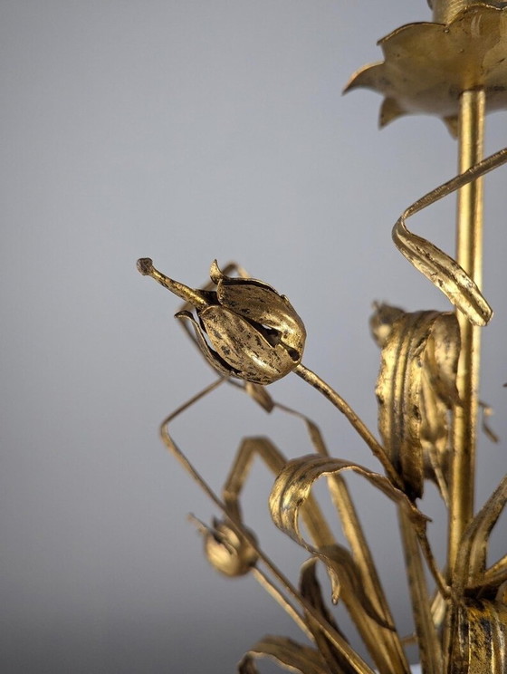 Image 1 of Gold Metal Floral Lamp, 1960S