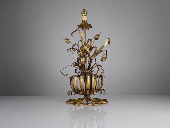 Image 1 of Gold Metal Floral Lamp, 1960S