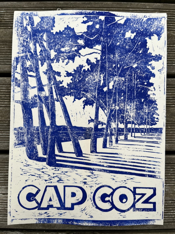 Image 1 of Linocut "Cap Coz" on tinted paper.