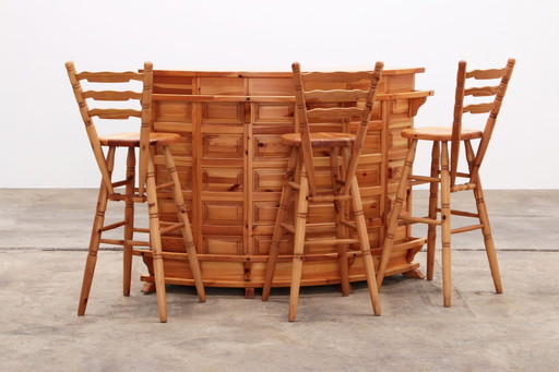 Brutalist Mid-Century Wooden Bar with 3 Bar Chairs, 1970s