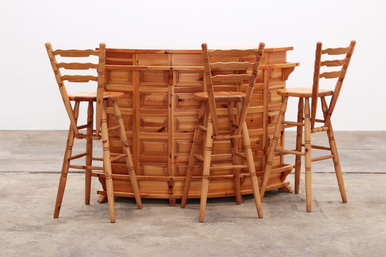 Image 1 of Brutalist Mid-Century Wooden Bar with 3 Bar Chairs, 1970s