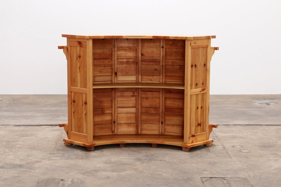 Image 1 of Brutalist Mid-Century Wooden Bar with 3 Bar Chairs, 1970s