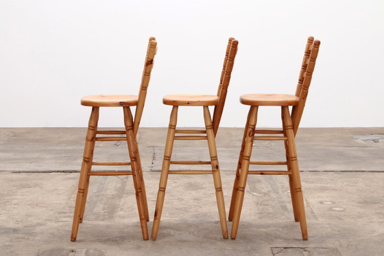 Image 1 of Brutalist Mid-Century Wooden Bar with 3 Bar Chairs, 1970s