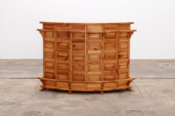 Image 1 of Brutalist Mid-Century Wooden Bar with 3 Bar Chairs, 1970s