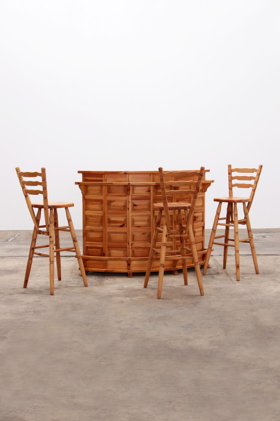 Image 1 of Brutalist Mid-Century Wooden Bar with 3 Bar Chairs, 1970s