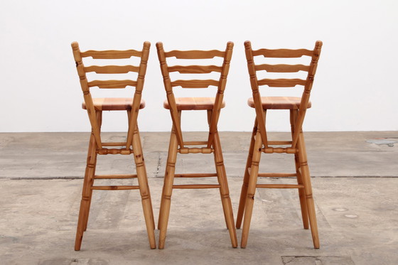 Image 1 of Brutalist Mid-Century Wooden Bar with 3 Bar Chairs, 1970s