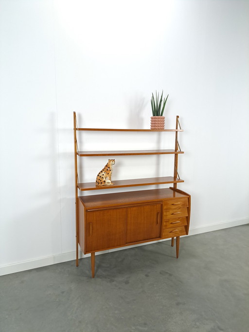 Scandinavian Teak Wall Unit With Shelves, Drawer And Desk