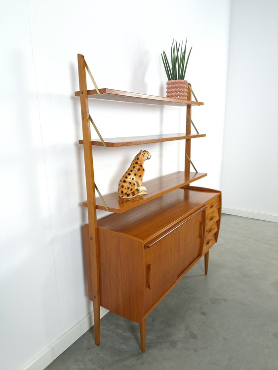 Image 1 of Scandinavian Teak Wall Unit With Shelves, Drawer And Desk