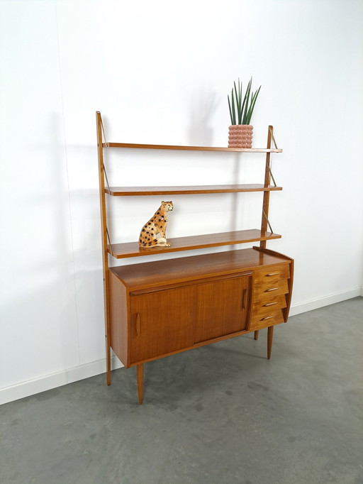 Scandinavian Teak Wall Unit With Shelves, Drawer And Desk