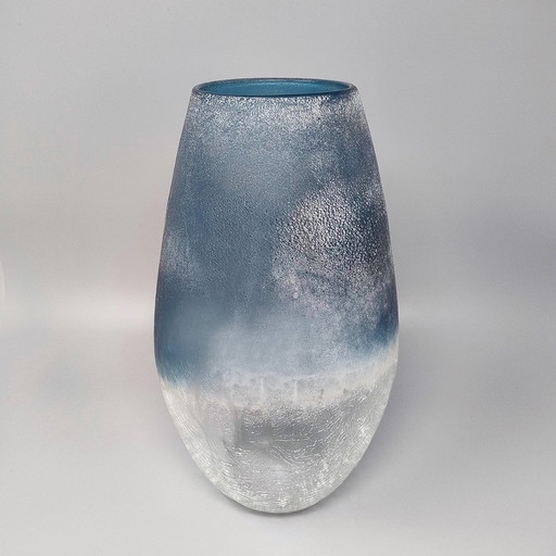 1970S Astonishing Blue Vase By Arte Vetro In Frosted Glass. Made In Italy