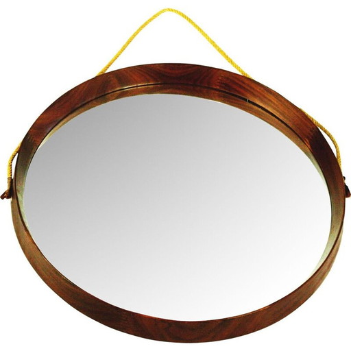 Italian mid century circular teak and rope wall mirror, Italy 1960