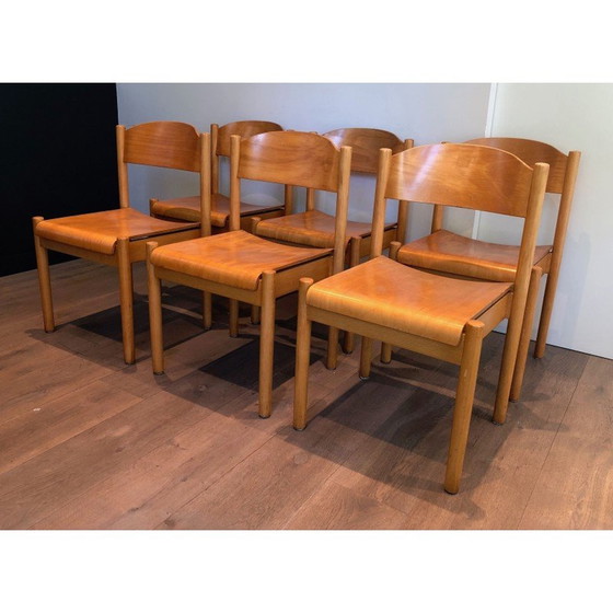 Image 1 of Set di 6 sedie impilabili vintage in abete e legno termoformato di Karl Kilpper, Germania anni '70