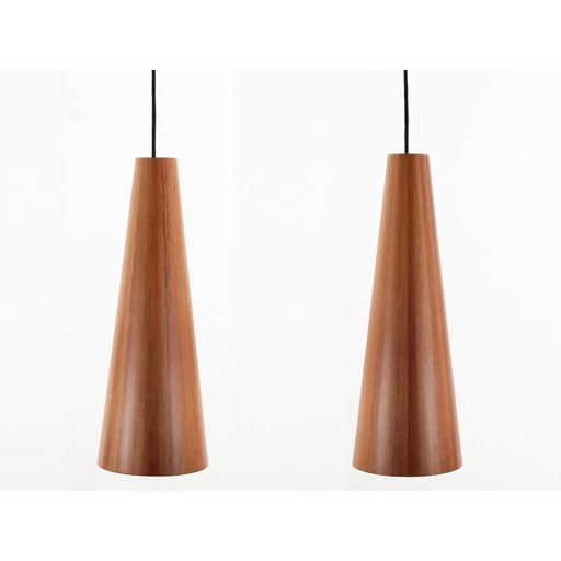 Pair of Scandinavian vintage pendant lamps in Oregon pine by Jøgen Wolf for Torben Ørskov, 1950