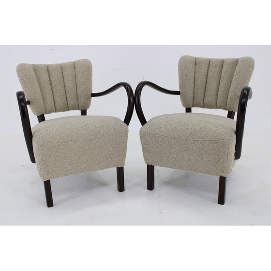Image 1 of Pair of vintage H-237 armchairs in wood and Boucle fabric by Jindrich Halabala, Czechoslovakia 1930