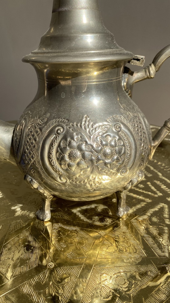 Image 1 of Authentic Moroccan Handmade Silver-plated Teapot From Fez (1970s)