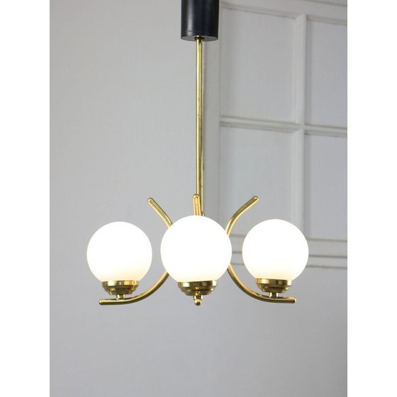 Image 1 of Vintage brass and opaline chandelier, Italy