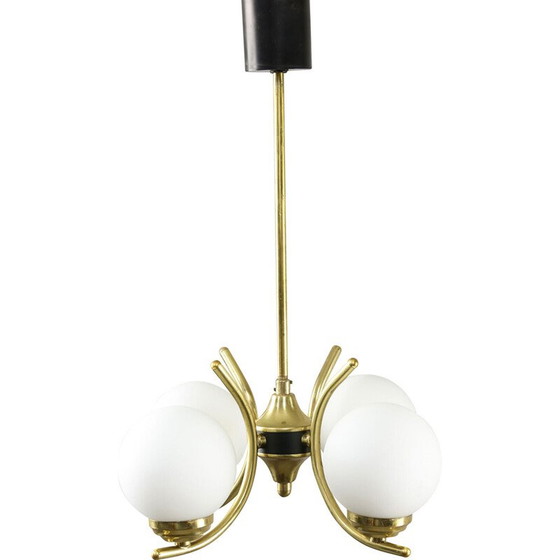 Image 1 of Vintage brass and opaline chandelier, Italy