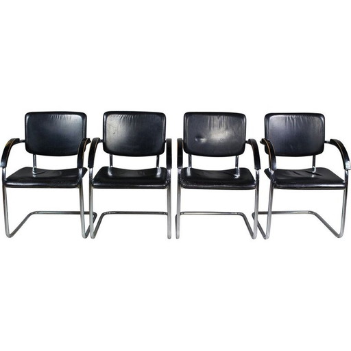 Set of 4 vintage tubular steel armchairs