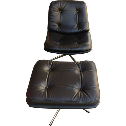 Vintage armchair and black leather ottoman 1970