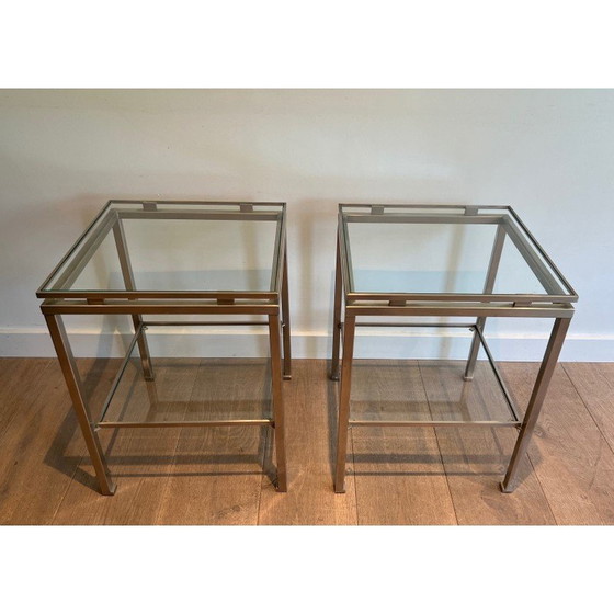 Image 1 of Pair of vintage side tables in brushed steel and transparent glass by Guy Lefèvre for Maison Jansen, 1970