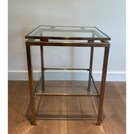 Image 1 of Pair of vintage side tables in brushed steel and transparent glass by Guy Lefèvre for Maison Jansen, 1970