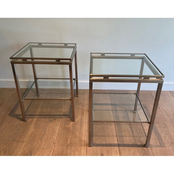 Image 1 of Pair of vintage side tables in brushed steel and transparent glass by Guy Lefèvre for Maison Jansen, 1970