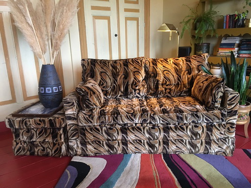Vintage Bench With Hocker. Velvet Upholstery.