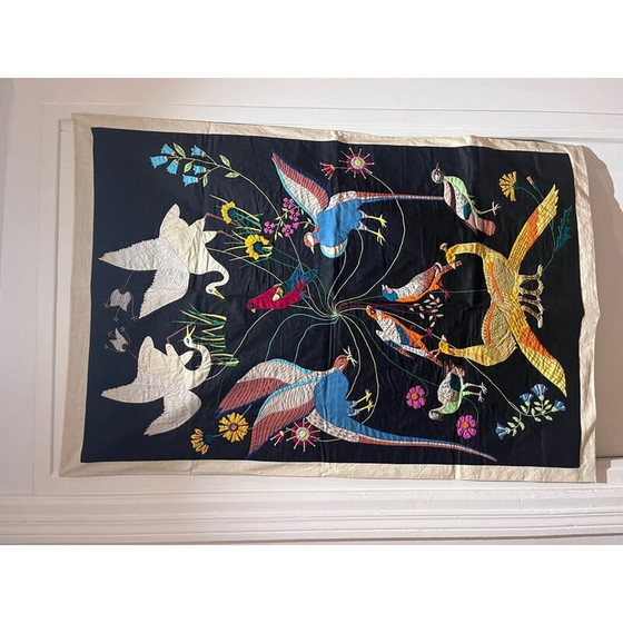 Image 1 of Vintage indra thread wall tapestry with bird decor, 1970s
