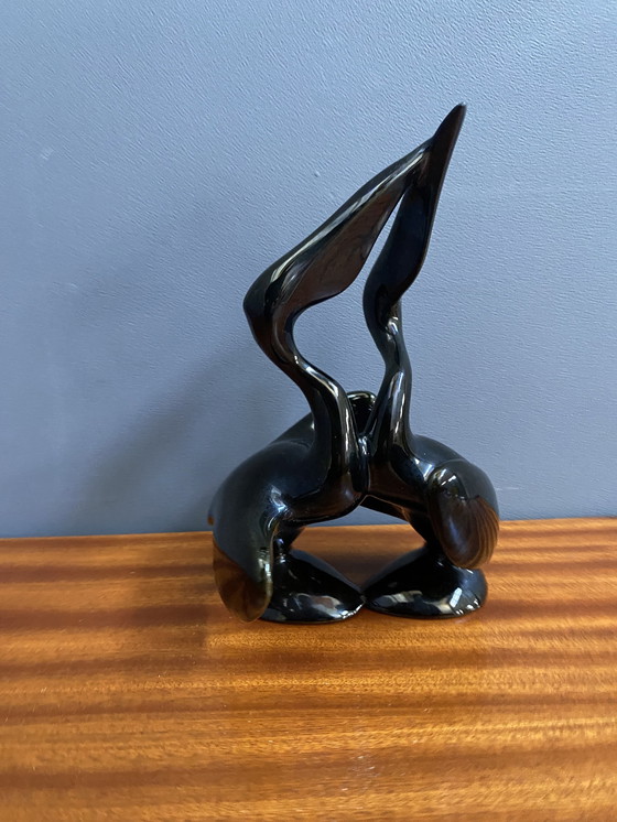 Image 1 of Black Ceramic Figurine Of 2 Pelicans By Miroslav Smutny 1960S