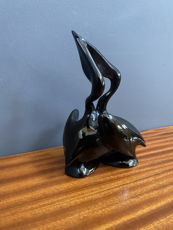 Image 1 of Black Ceramic Figurine Of 2 Pelicans By Miroslav Smutny 1960S