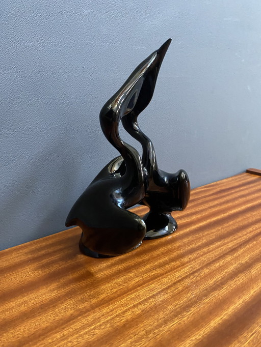 Black Ceramic Figurine Of 2 Pelicans By Miroslav Smutny 1960S