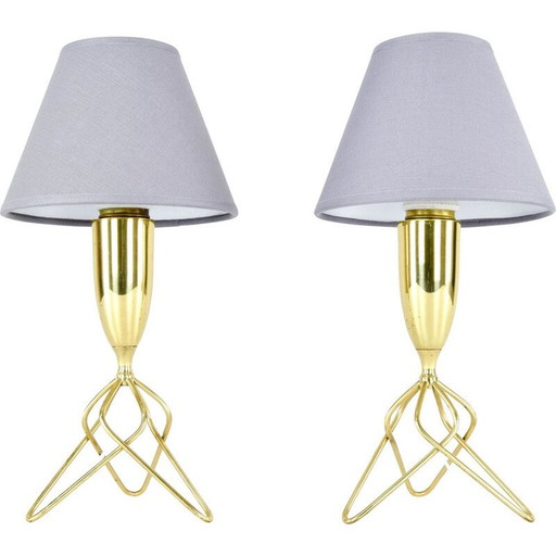 Coppia di lampade da tavolo vintage a treppiede in ottone con paralume grigio, Danimarca 1960