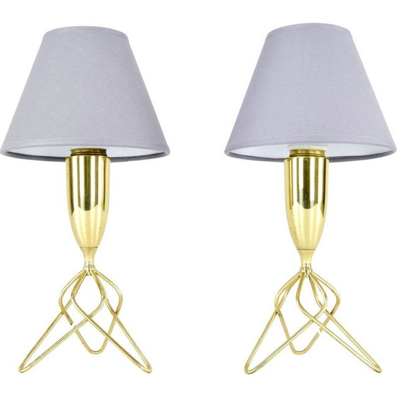 Image 1 of Pair of vintage brass tripod table lamps with grey shade, Denmark 1960