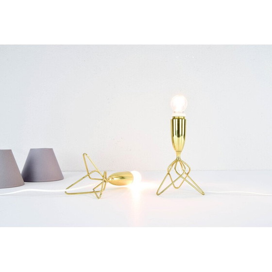 Image 1 of Pair of vintage brass tripod table lamps with grey shade, Denmark 1960