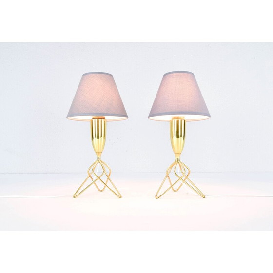 Image 1 of Pair of vintage brass tripod table lamps with grey shade, Denmark 1960