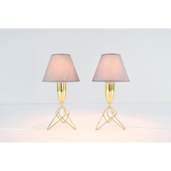 Image 1 of Pair of vintage brass tripod table lamps with grey shade, Denmark 1960