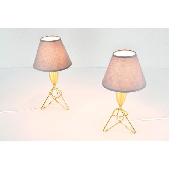Image 1 of Pair of vintage brass tripod table lamps with grey shade, Denmark 1960