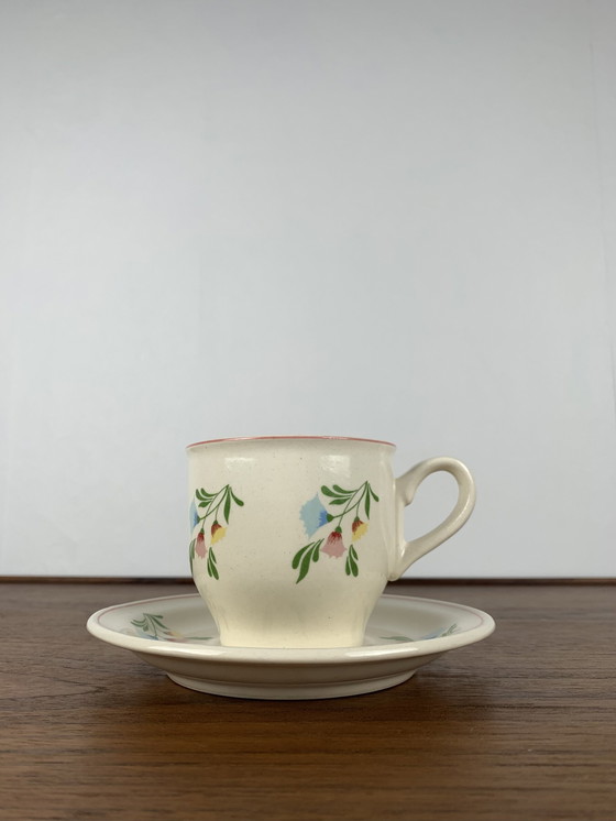 Image 1 of Set Of 6 Vintage Cups + Saucers, Flower Pattern, Germany