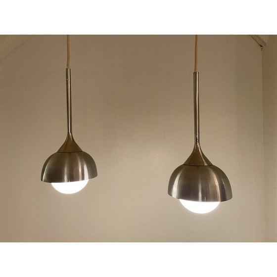 Image 1 of Pair of vintage brushed aluminum pendant lamp, 1990