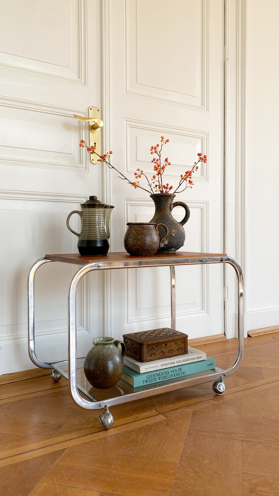 Image 1 of Chrome Mid Century Trolley With Wood And Glass