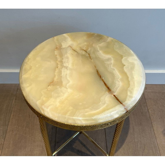 Image 1 of Pair of vintage round brass sofa ends with onyx top