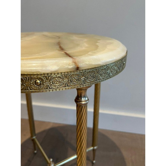 Image 1 of Pair of vintage round brass sofa ends with onyx top