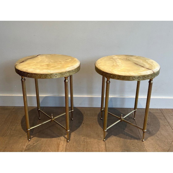 Image 1 of Pair of vintage round brass sofa ends with onyx top
