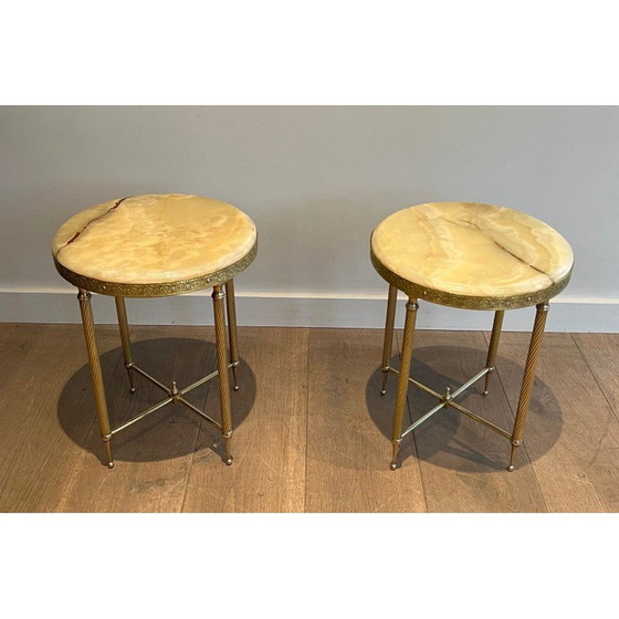 Image 1 of Pair of vintage round brass sofa ends with onyx top