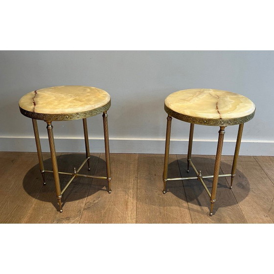 Image 1 of Pair of vintage round brass sofa ends with onyx top
