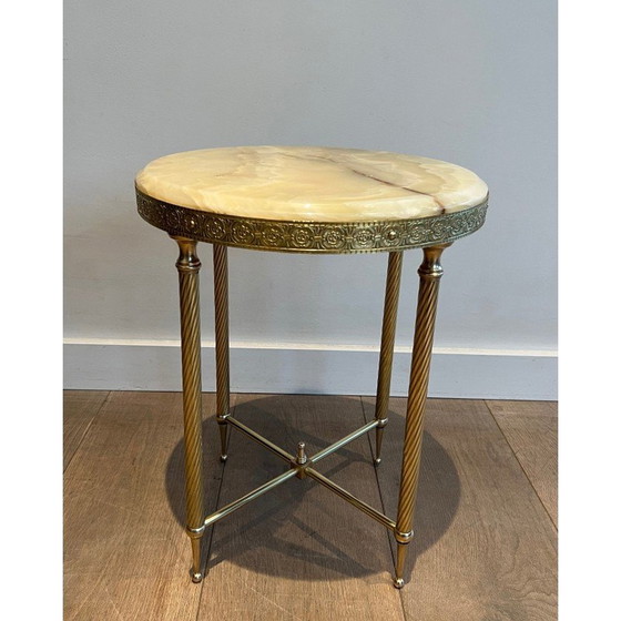 Image 1 of Pair of vintage round brass sofa ends with onyx top